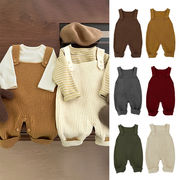 全6色[66-100cm] ベビー ニットロンパース 秋冬 無地サロペット風デザイン 男の子女の子兼用 カバーオール