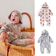 全2色[66-90cm] ベビー 秋冬 裏フリースロンパース フード付きカバーオール あったか長袖 新生児外出ウェア
