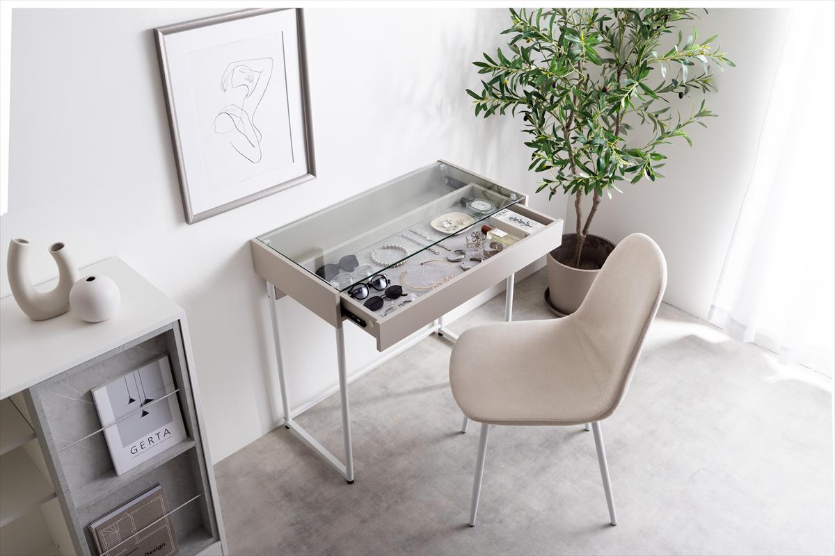 2点セット】幅80cm 引き出し付きガラス天板デスク+チェア マーブル