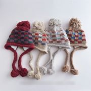 チェック柄 子供用耳当て付き冬用あったか帽子 冬用 防寒 あったか 可愛い 保暖