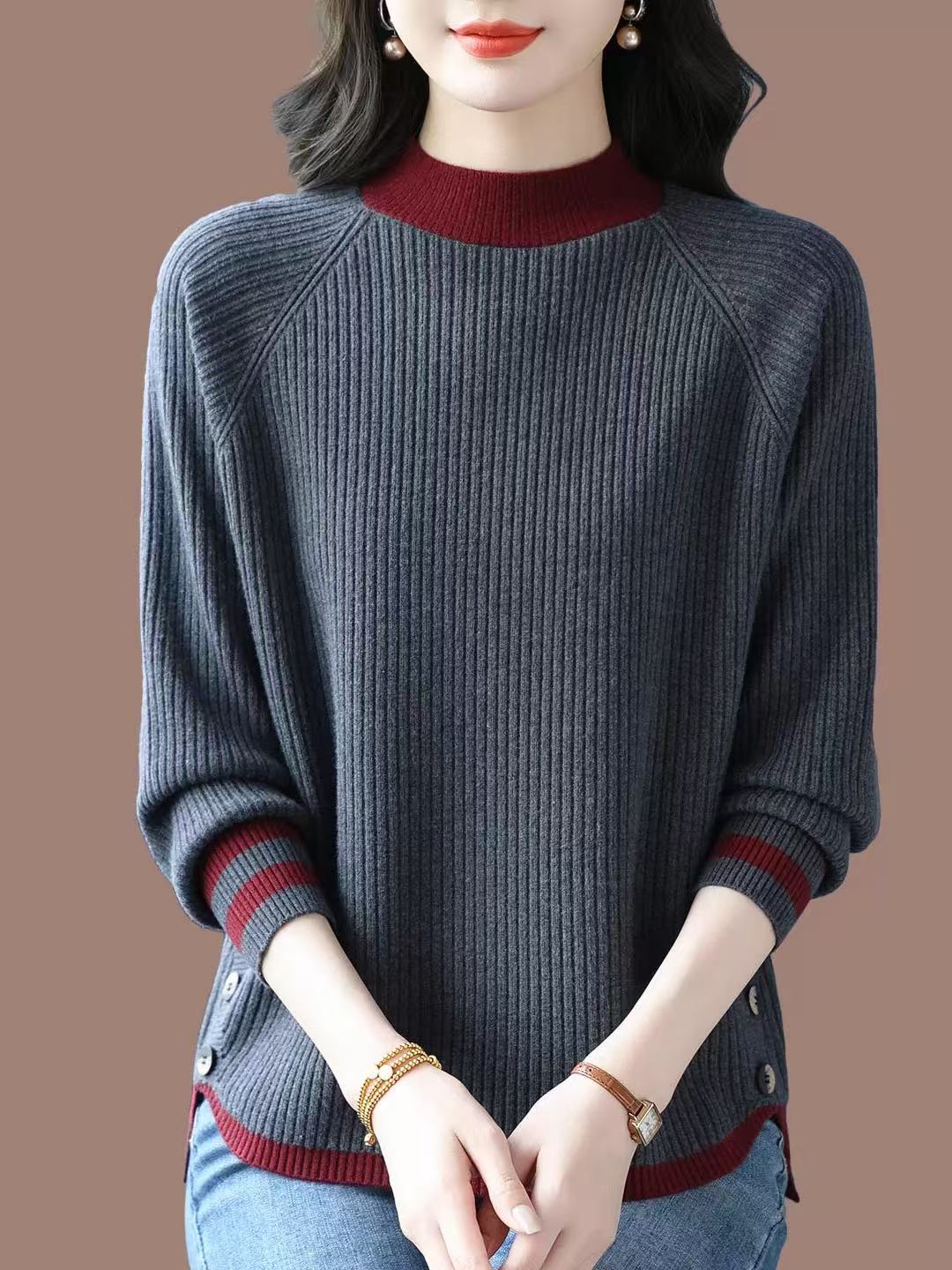 初回送料無料　ニットセーターカラーブロッキング長袖トップス　レディースファッション人気トレンド