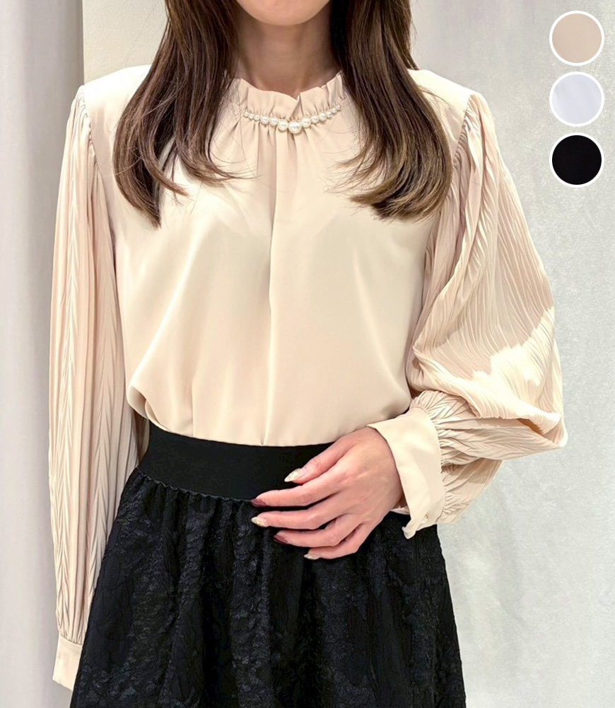 【2025新作】パールネックプリーツ袖ブラウス★衣料136