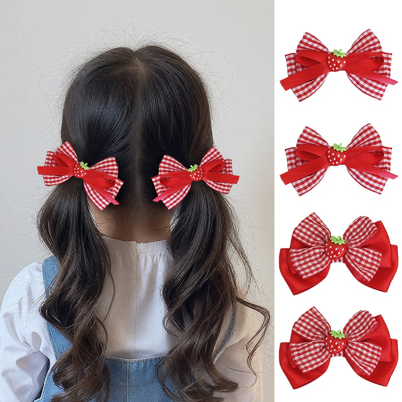 2個/セット かわいい リボンいちごヘアピン 髪飾り いちごヘアクリップ