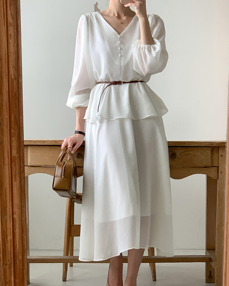 今季マストバイ   気質   おしゃれ  フレンチ   V ネック  ベルト付き  ワンピース