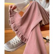 【日本倉庫即納】 フリル裾ワイドパンツ コーデュロイパンツ