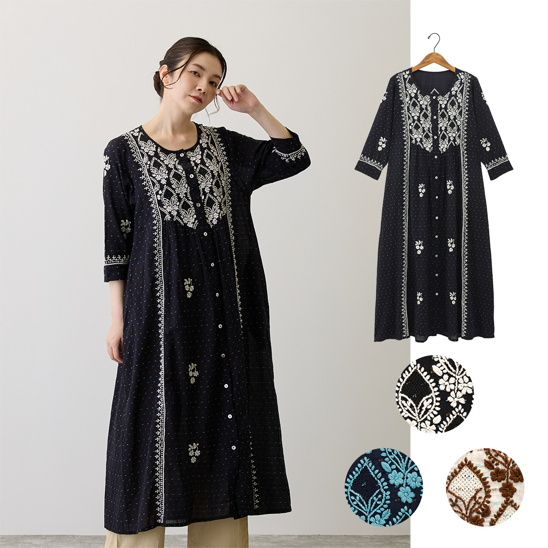 【Karigari】ワンピース ヌール[カリガリ七分袖花刺しゅう刺繍ラクノウアジアンアシック春夏26SS]
