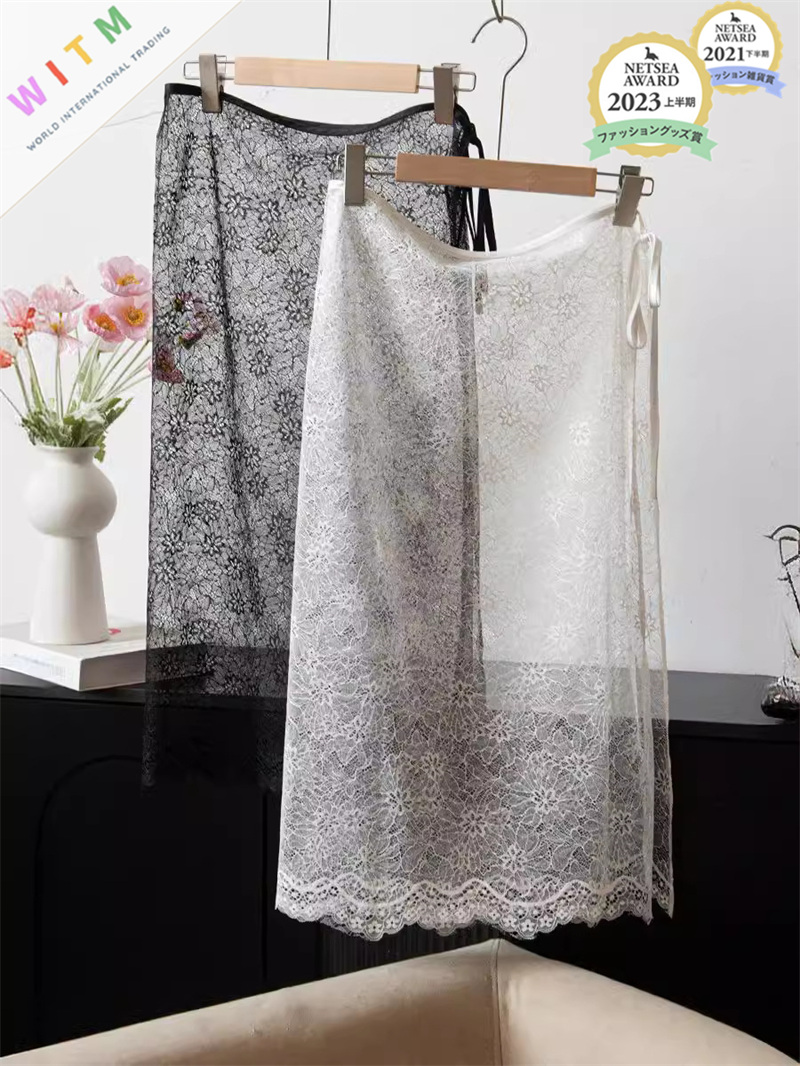 2026春夏新作 花柄 レーススカート ロング丈スカート 重ね着 レディース 透け感 ブラック ホワイト