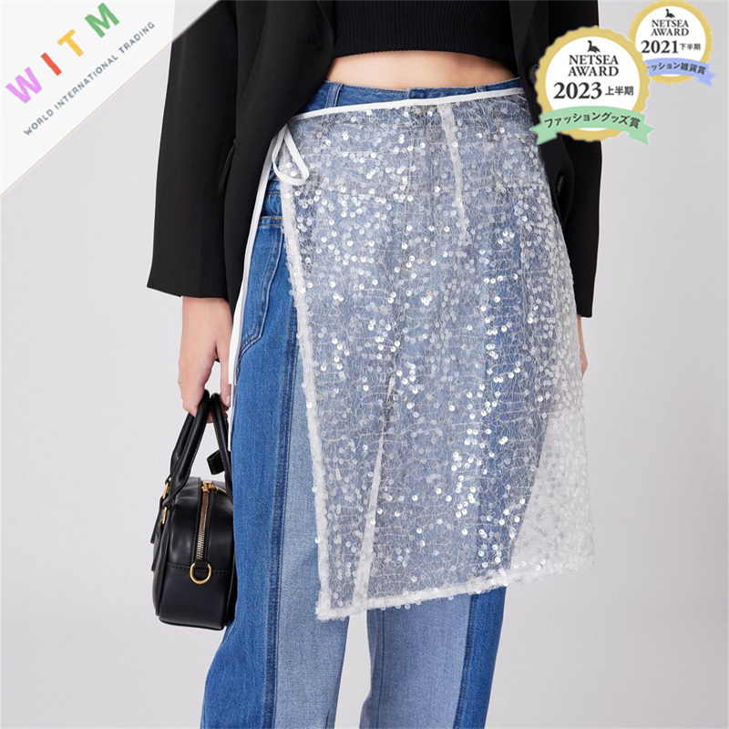 2026春夏新作 花柄 レーススカート ミディスカート 重ね着 スパンコール レディース 透け感  ホワイト