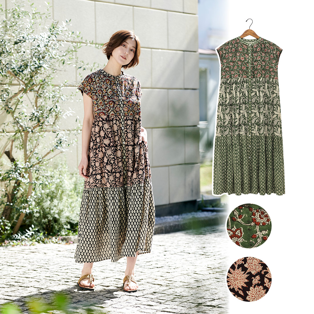 【Shanti Shanti】ティアードワンピース シックブロック[半袖草花柄フラワーインドアジアン春夏26SS]