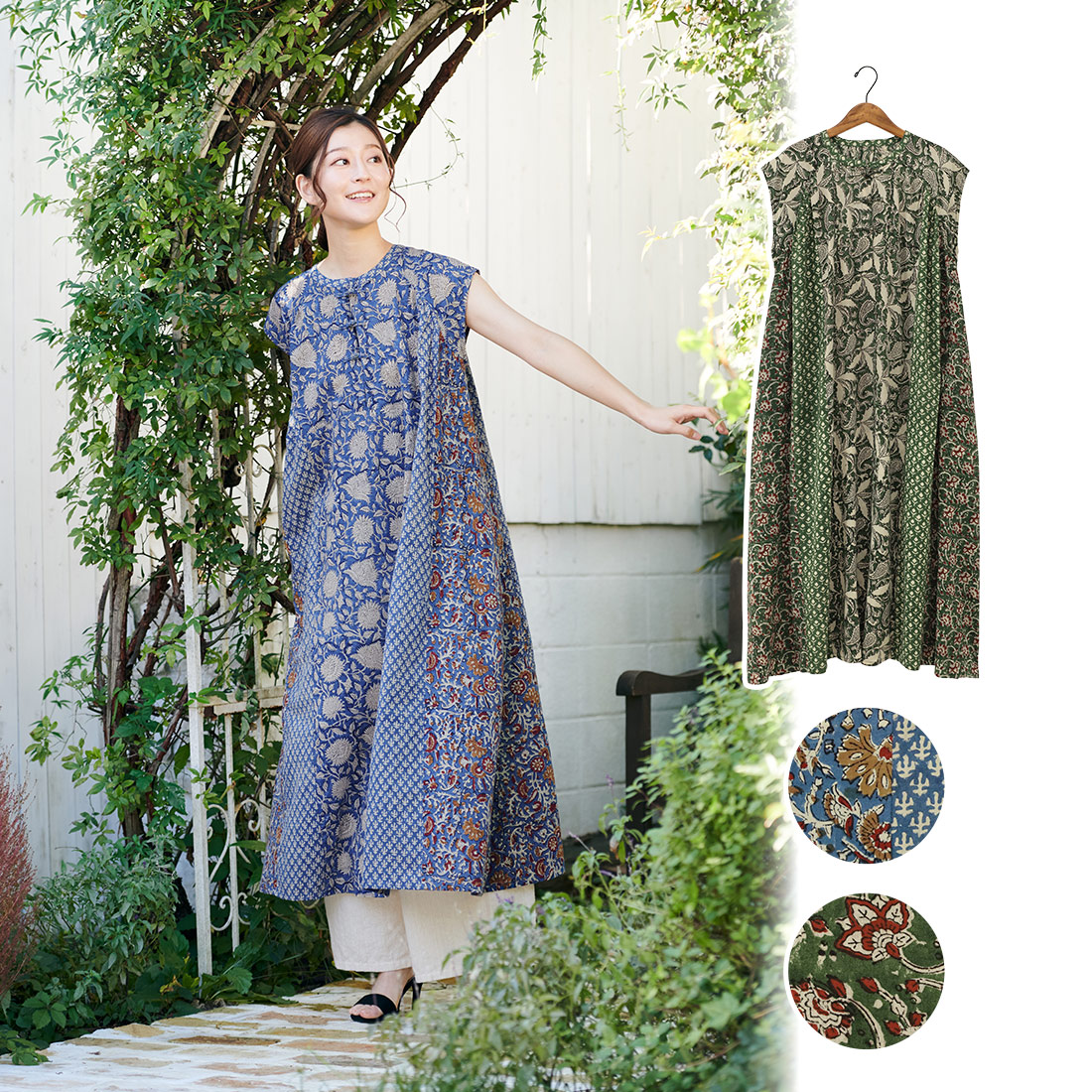 【Shanti Shanti】フレンチワンピース シックブロック[半袖草花柄フラワーインドアジアン春夏26SS]