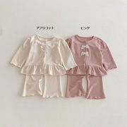 全2色[80-130cm] 子供 キッズセットアップ 女の子 リボン付き長袖トップス＋パンツ 2点セット ベビー