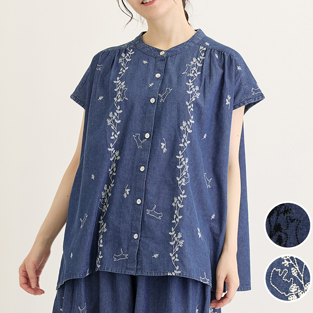【PORINA】ブラウス ケディ[フレンチスリーブデニム猫ねこネコ刺繍カジュアルアジアンナチュラル春夏26SS]