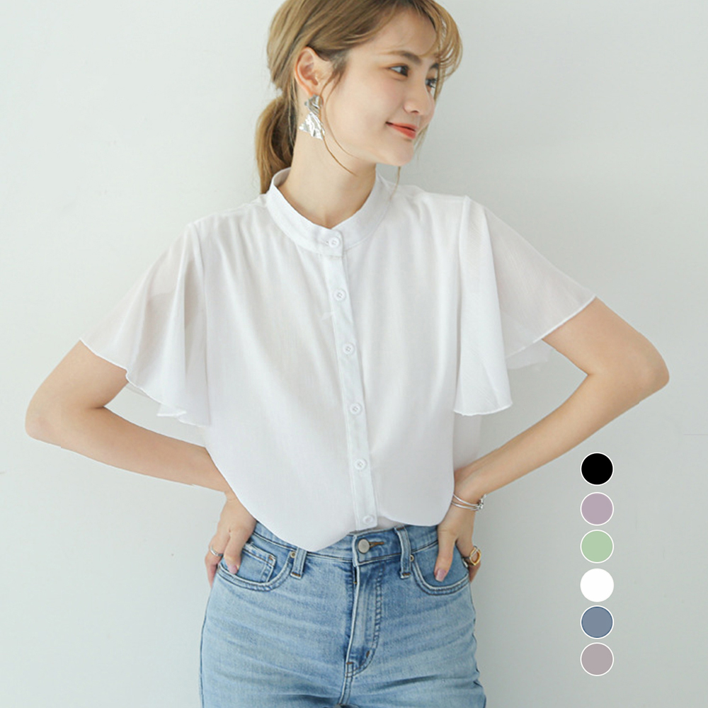 【日本倉庫即納】 フレアー袖ブラウス バンドカラー 半袖夏