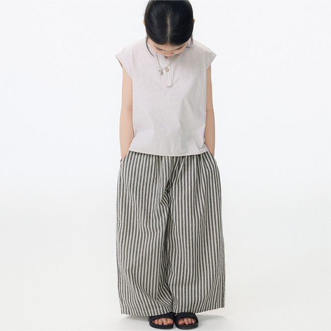 2026春夏※CHUNZ☆フラワーモチーフ ウエストフリル ストライプワイドパンツ 親子コーデ