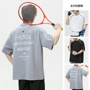 メンズ 配色ステッチ プリント 半袖Tシャツ テクスチャー素材 通気性 スポーツ アメカジ カップル★全2色