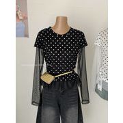 今季マストバイ   早春新作   水玉　フリル　スリム   丸首  シャツ　トップス