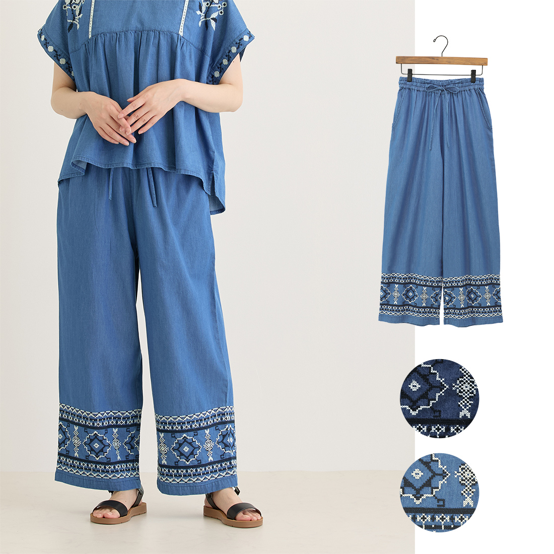 【Shanti Shanti】パンツ デニムエンブ[ボトムジーンズ刺繍カジュアルアジアン春夏26SS]