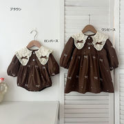 全3色 韓国風 女の子 リボン刺繍ロンパースワンピース 長袖 春秋 ベビー服 女児 おしゃれ 姉妹コーデ