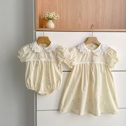 夏新作 女の子 花刺繍ロンパースワンピース ベビー服 半袖カバーオール 姉妹コーデ 子供服 ガールズドレス