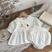 2026夏服※LQY☆セットアップ ひよこハウス刺繍 半袖 フリルトップス＋ショートパンツ 女の子
