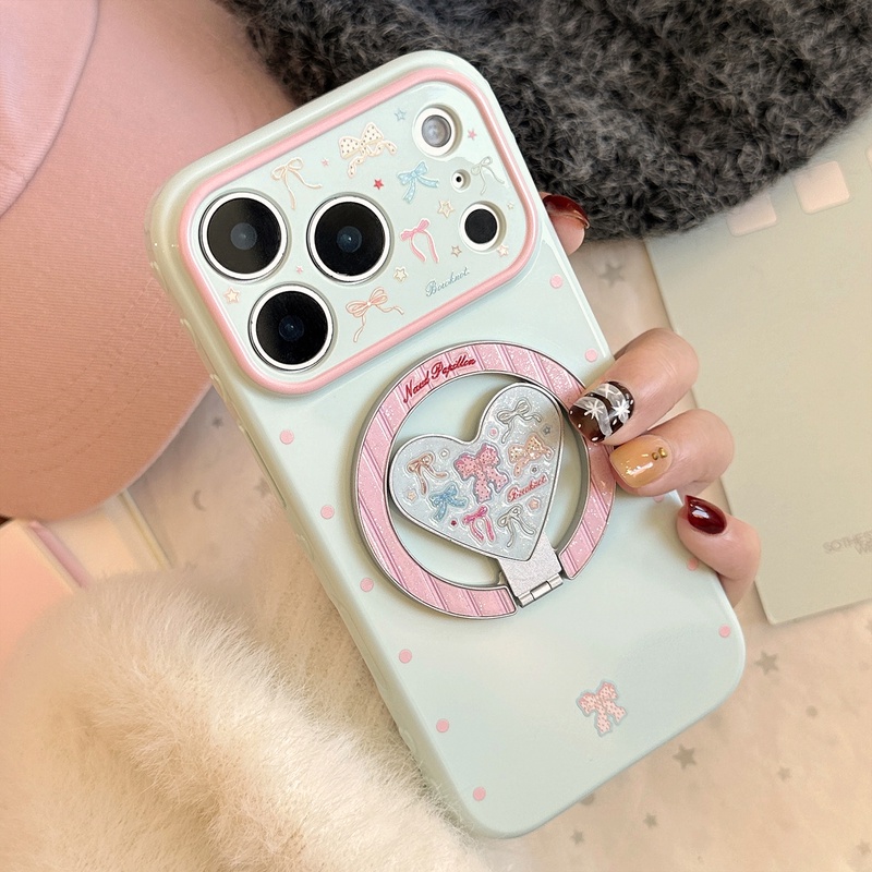 ラメ入りマグネットスタンド iPhone 16Pro/17 対応 リボンデザイン レディース人気ケース