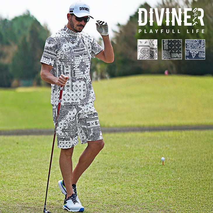 【春の新作】ペイズリー柄半袖モックネックセットアップ Tシャツ+ハーフパンツ２点セット/DIVINER GOLF