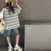 2026夏新作 女の子綿100%ゆったりボーダー半袖Tシャツ カジュアル