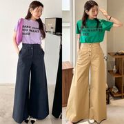ハイウエスト ボタンデザイン ポケット ワイドロングパンツ