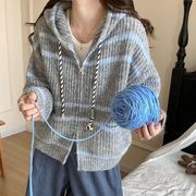 配色ストライプ フード付きニットカーディガン