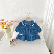 ベビー 女の子 秋服 長袖 デニムワンピース 花柄刺繍 フリル セーラーカラー  デイリー
