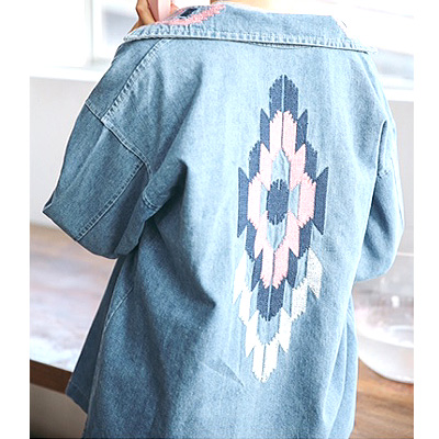 【即配】 オルテガ　刺繍 デニムジャケット ゆったりサイズ 袖刺繍デニム レディース