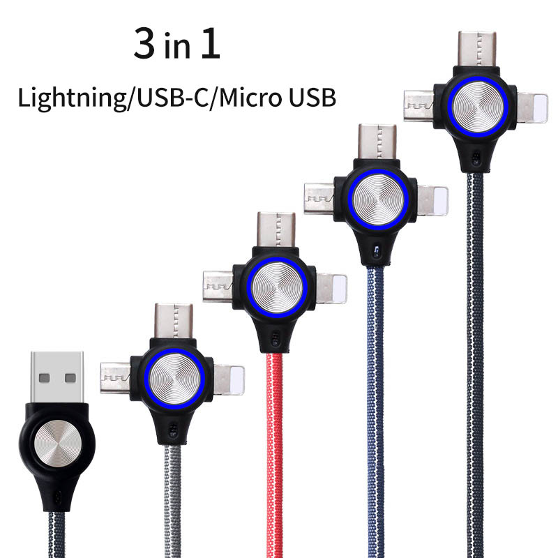 スマホ 充電ケーブル 3in1  Lightning/Type C/Micro USBケーブル 多機種対応 ナイロン 高耐久 1m