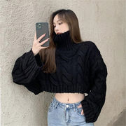 通勤する 韓国版 ニットトップス セーター タートルネック 麻の花 長袖 ゆったりする 短いスタイル 百掛け