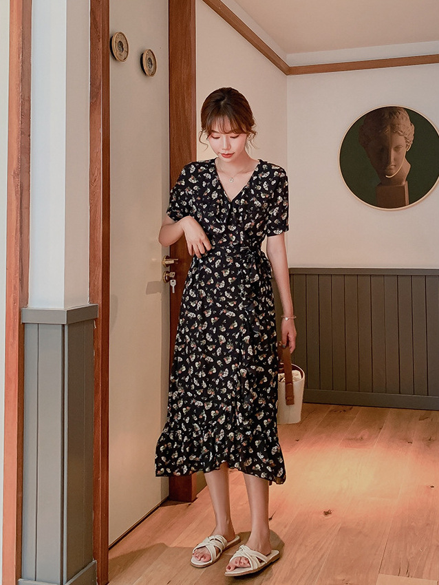 夏 Vネック 花柄 ワンピース スリム マキシ シフォン スカート レディース 韓国ファッション