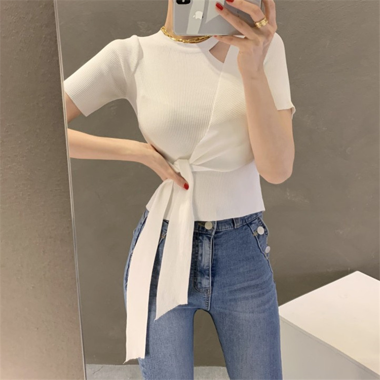 韓国ファッション スリムフィット イレギュラー 薄い バンディング 半袖 アイスシルク ニットトップス