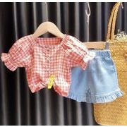 【2点セット】新作 子供服  ベビー服  アパレル  半袖  チェック柄  シャツ +   ショットパンツ  女の子