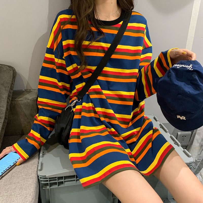 韓国版長袖tシャツ女性ゆるいシャツ春秋ins虹縞上着