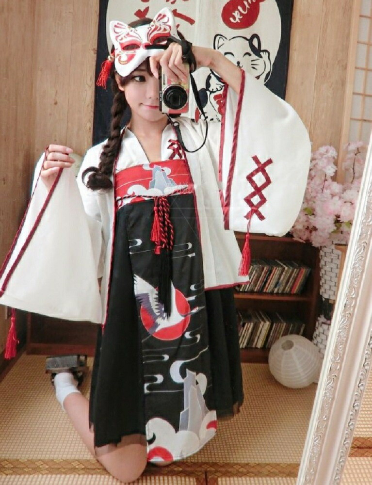 【在庫限り】 ワンピース 巫女風 鶴柄ワンピース ホワイト 韓国ファッション 羽織