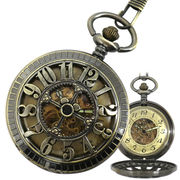 ポケットウォッチ 懐中時計 手巻き スケルトン 蓋付き シースルー アラビア数字 PWA019 メンズ懐中時計