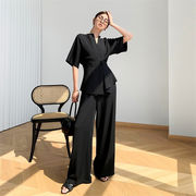 オシャレ度UP 韓国ファッション Vネック 2点セット カジュアル 気質 ワイドパンツ セット