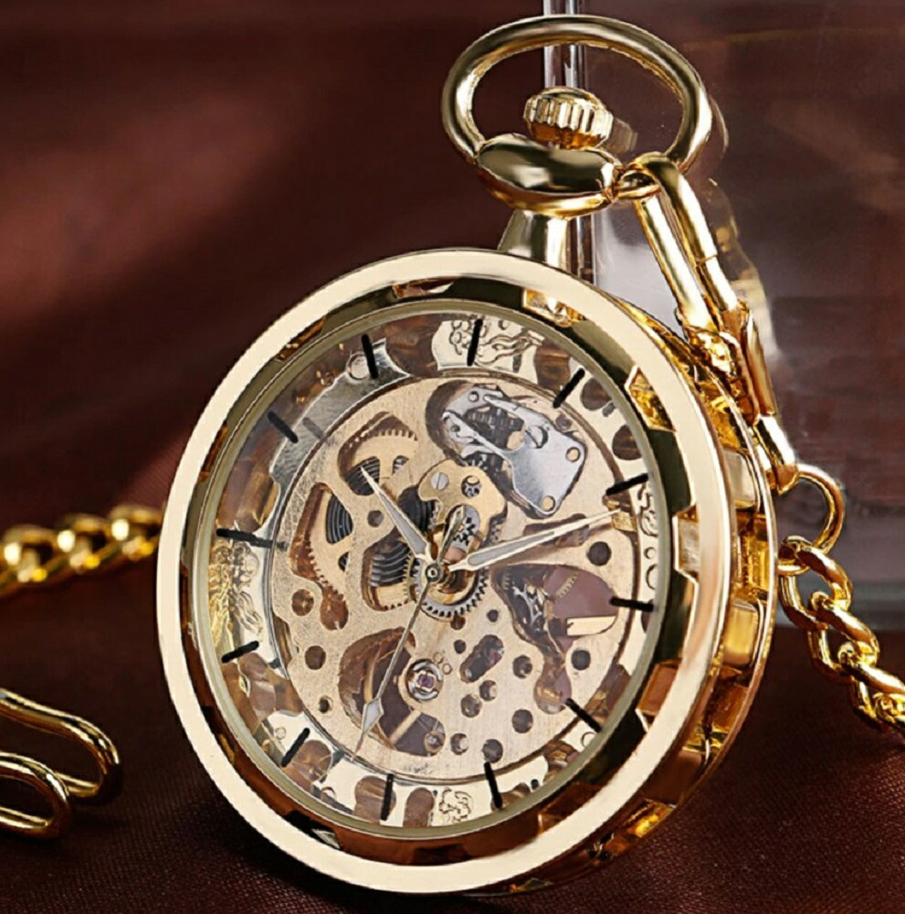 手巻き式 スケルトン 懐中時計 ゴールド チェーン付き 高耐久性 / アクセサリー おすすめ 人気