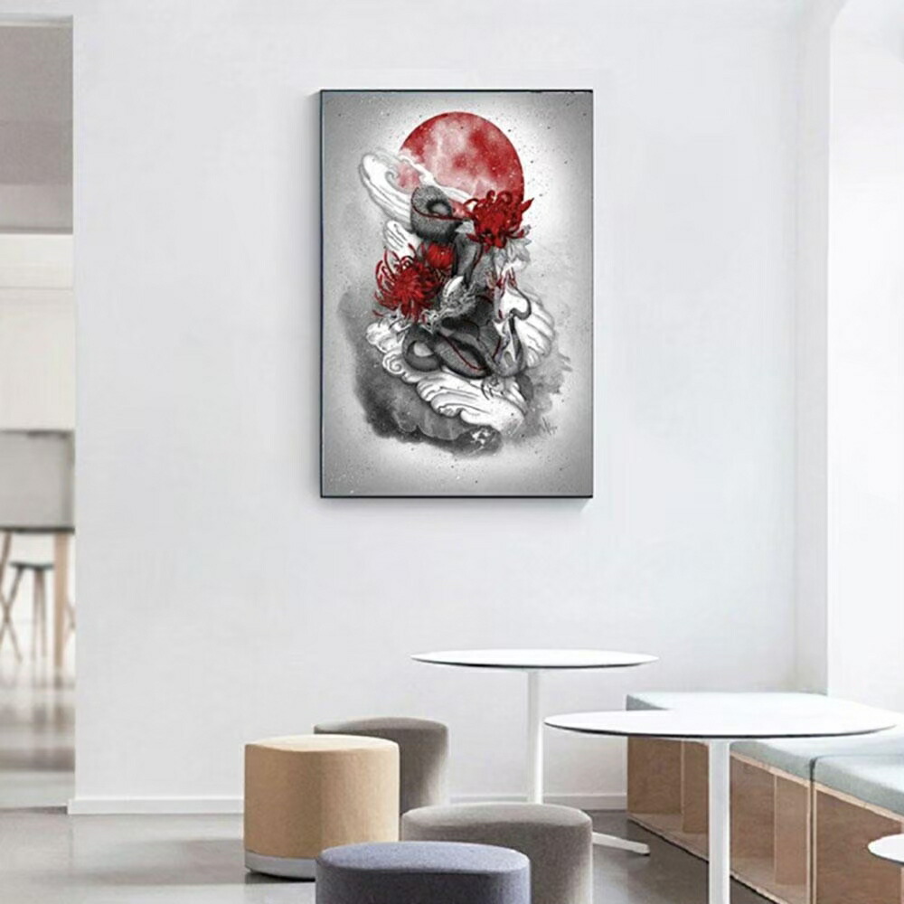 【在庫限り】　風水 ポスター ドラゴン 菊 赤い丸 竜 絵 玄関 龍の飾り 壁 風水グ
