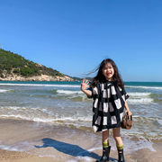 2022 夏新作 韓国子供服 INS  夏服 人気  個性  白黒の格子 不規則 ワンピース 洋風 スカート