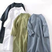 初回送料無料コットンリネンドレスシャツ七分袖ゆったりワンピースファッション人気商品