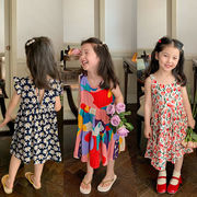 お勧め 春夏新作 子供服 3-8歳女の子 花柄幾何学柄 フリル 袖なしワンピ シフトドレス ワンピース 7-15