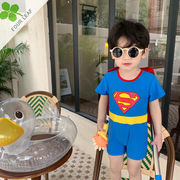 水着 2点セット マント付き 男の子 スーパーマン キッズ ロンパース 短パン 半袖 UVカット 記念写真