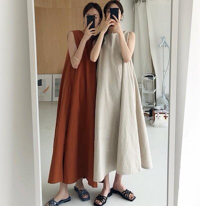韓国chic風ゆったりワンピース超ビッグ裾袖なしロングワンピース綿麻ワンピース4色
