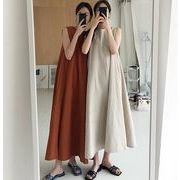 韓国chic風ゆったりワンピース超ビッグ裾袖なしロングワンピース綿麻ワンピース4色