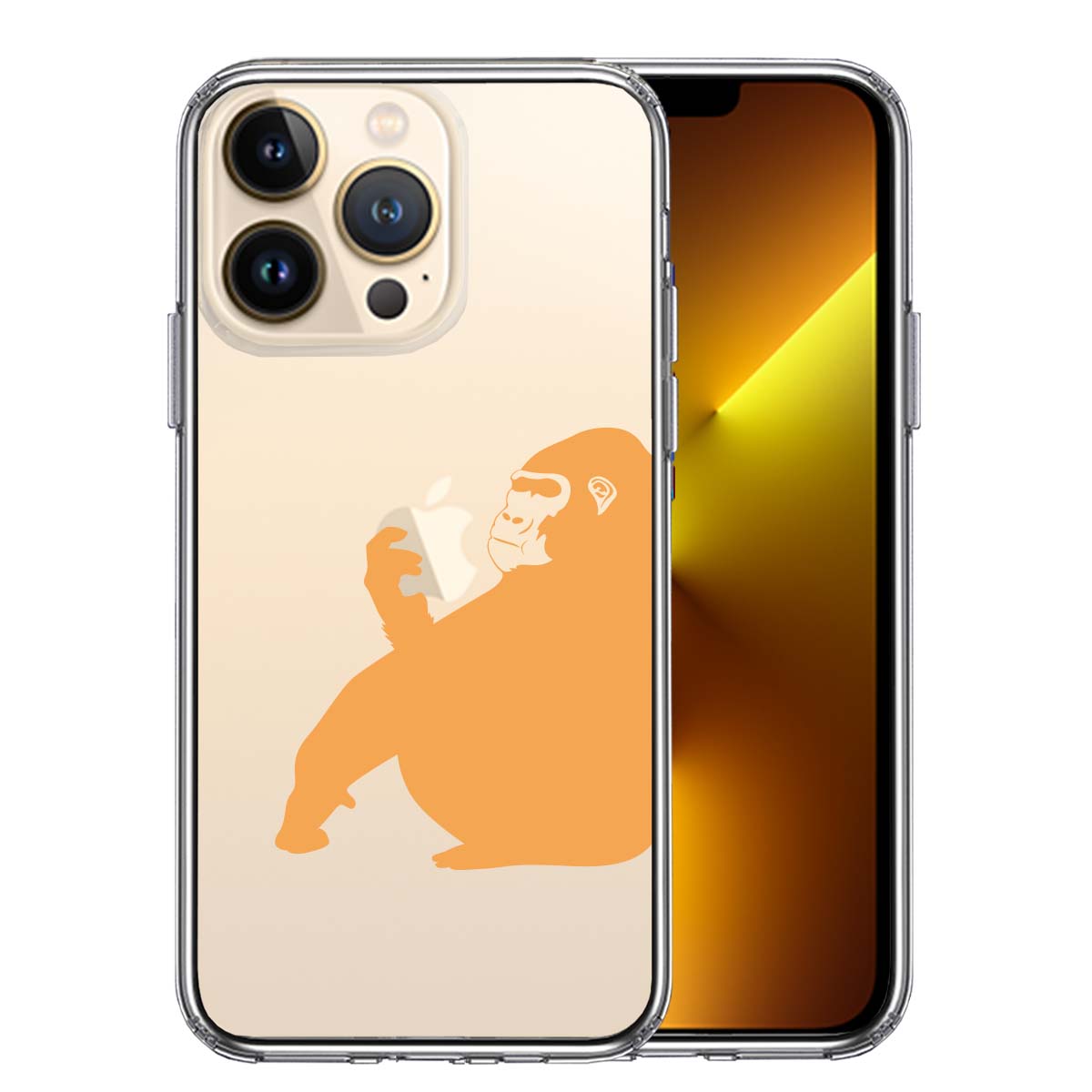 iPhone13 Pro 側面ソフト 背面ハード ハイブリッド クリア ケース ゴリラ オレンジ