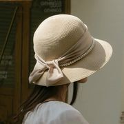 麦わら帽子　UVカット　春夏　レディース　韓国ファッション　オシャレ　出かけ　パール